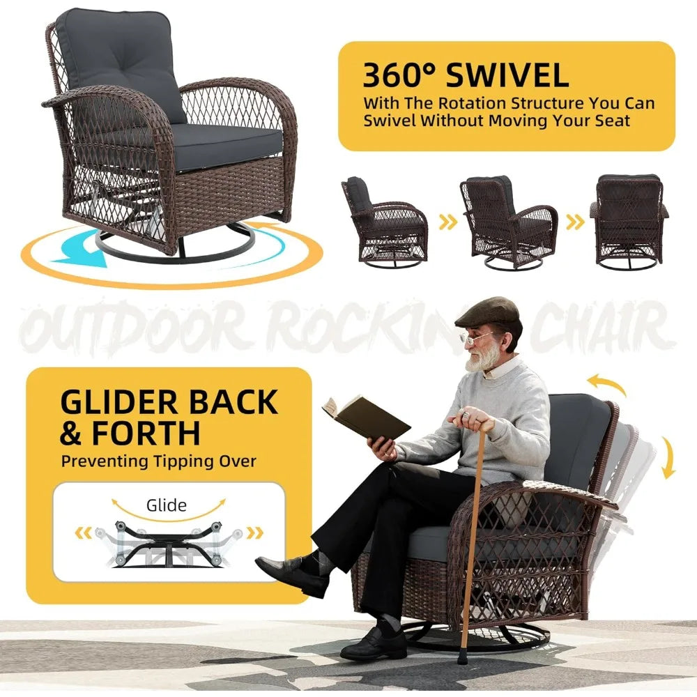 FEICHENG Outdoor Swivel Rocking Chair Set Of 3 Wicker Patio