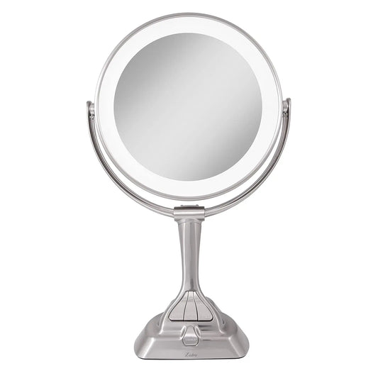 9" Round Dimable 3 LED Light Color Dual-Sided Magnified Makeup Mirror, Touch Dimmer Control (Satin Nickel, 10X/1X)