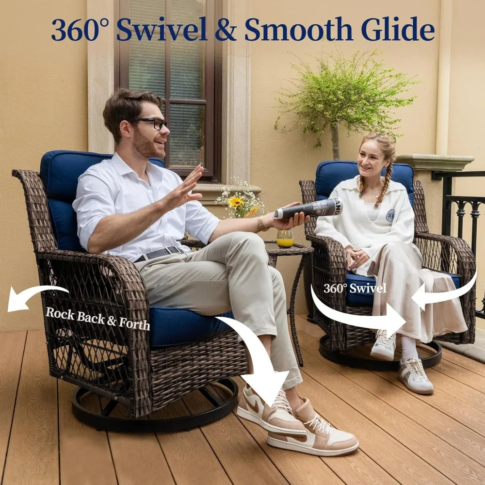 MKDK 3 Piece Wicker Swivel Chair Patio Set with Table