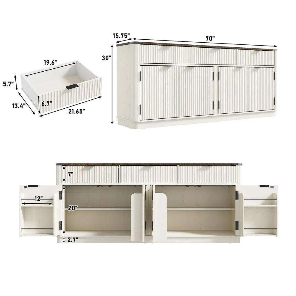 Curved Buffet Cabinet With 3 Storage Drawers And Steel Shelves