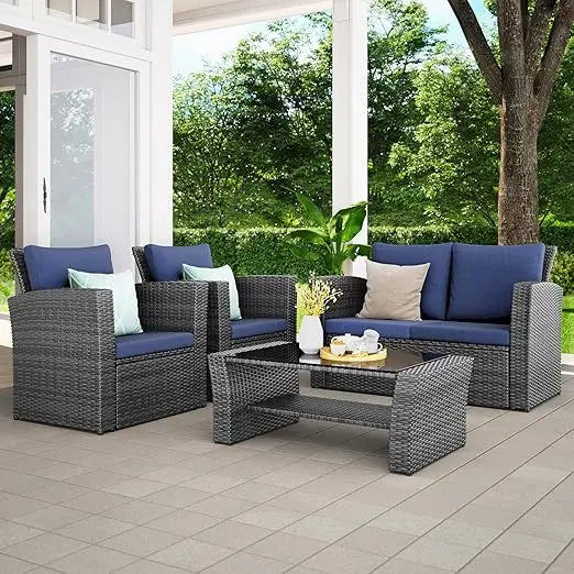 4 Piece Outdoor Patio Furniture Sets, Wicker Conversation Set for Porch Deck, Gray Rattan Sofa Chair with Cushion
