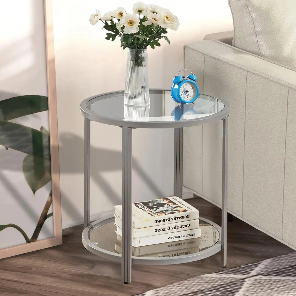 Glass End Table Two Tier Metal Frame Living Room Table