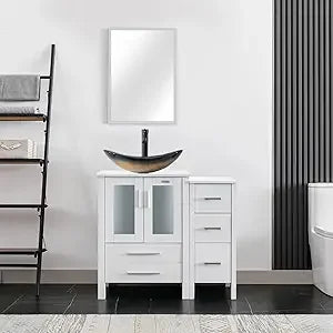 36" Modern Bathroom Vanity Sink Combo White W/Small Side Cabinet Turquoise Square Glass Vessel Sink & Water Save Faucet & Pop U