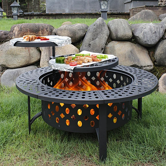 36 Inch Fire Pit with 2 Grills, Wood Burning Fire Pits for Outside with Lid,Poker and Round Waterproof Cover,BBQ&Outdoor Firepit