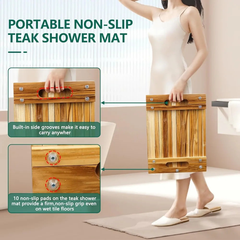 Teak Shower Mat - Adjustable Length Wooden Bathroom Mats for Inside Shower with Non-Slip Rubber Outdoor Floor Mat for Spa, Sauna