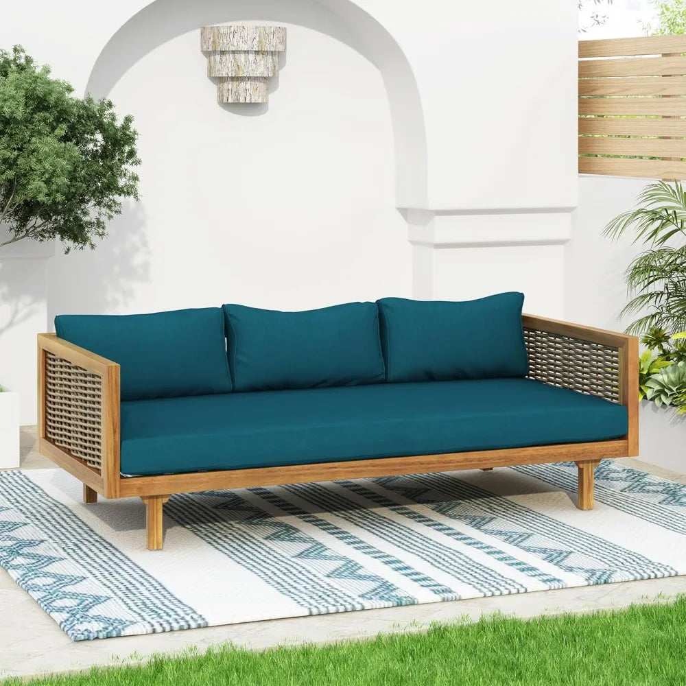Rattan Arms Outdoor 3 Seat Sofa Patio Furniture Set with Cushions Wood Frame Outdoor Couch for Garden Poolside