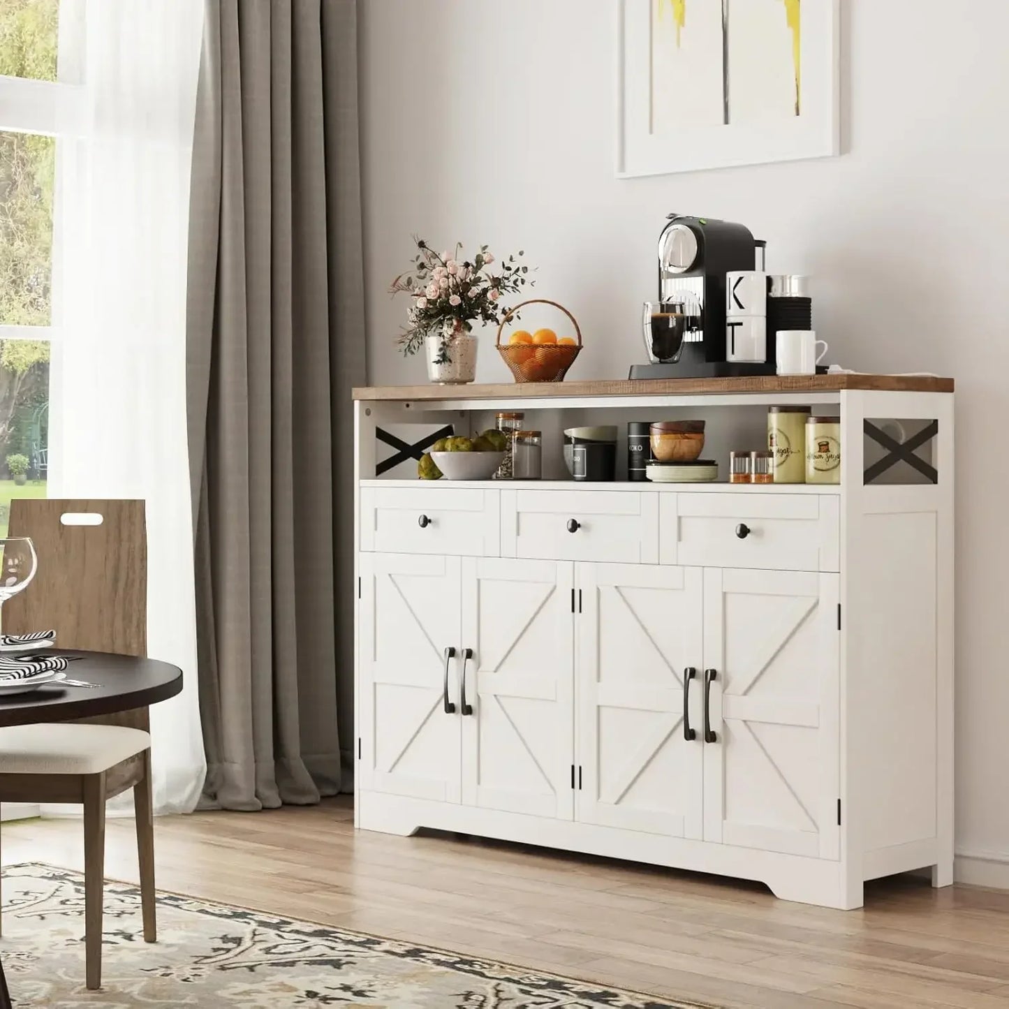 XMSJ Farmhouse Buffet Cabinet With Drawers And Open Shelf
