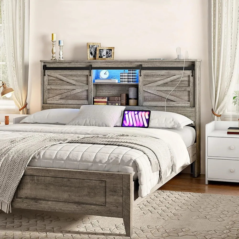 HOOBRO Queen Headboard with Storage Shelf, Farmhouse Queen Headboard Only with Charging Station & LED Lights, Bookcase Headboard