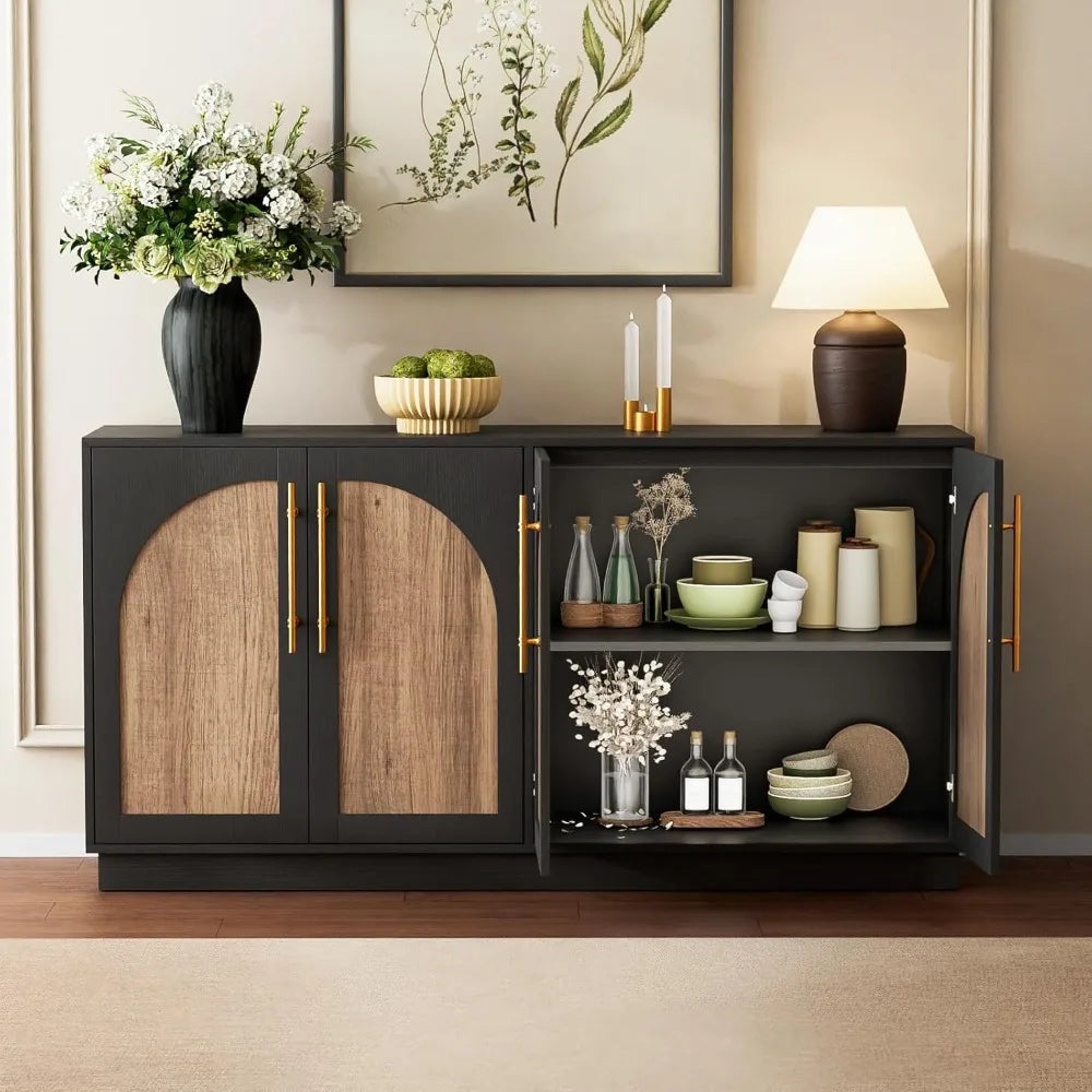 62" Antique Buffet Cabinet with Hutch, Vintage Sideboard Console for Dining Room & Kitchen, 2 Adjustable Shelves, Arched Doors