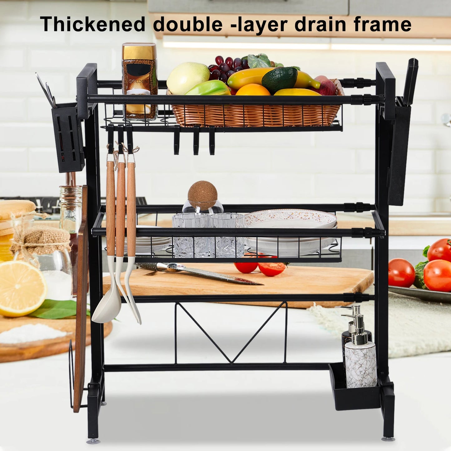 BLUELANS 2 Tier Stretchable Sink Rack Drain Organizer