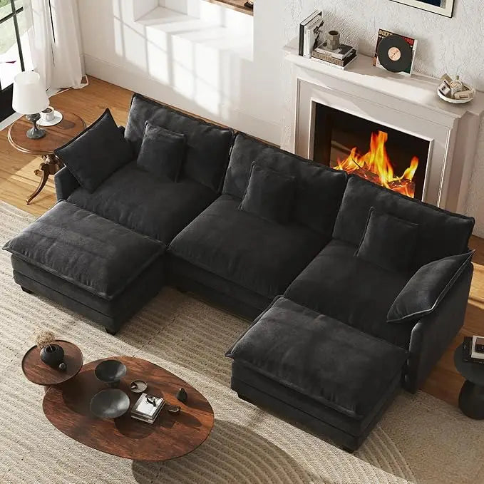U Shape Modular Sectional Chenille Sofa With Two Movable Ottomans