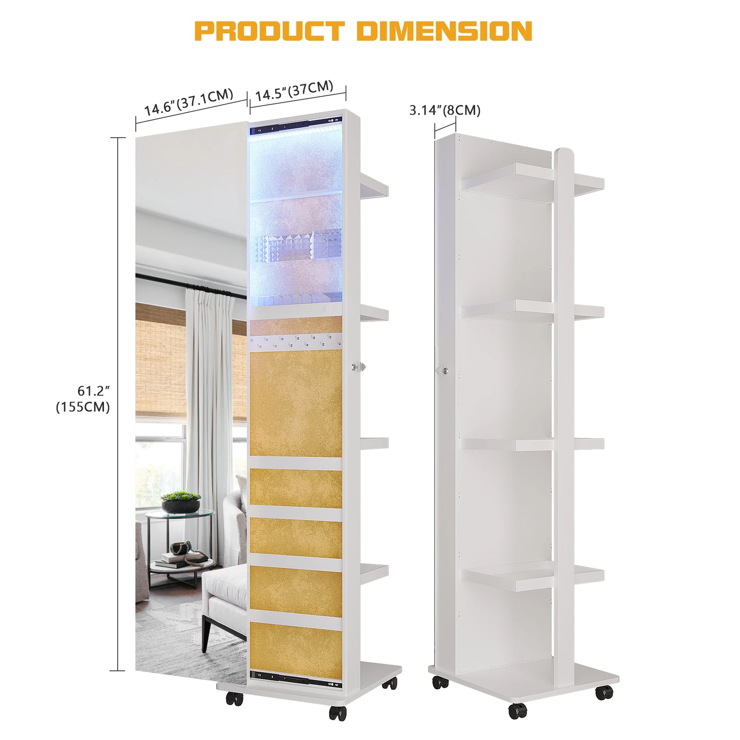 360 Degree Rotating LED Jewelry Armoire With Full Length Mirror Capacity Floor Standing Organizer In 3 Color Dimmable
