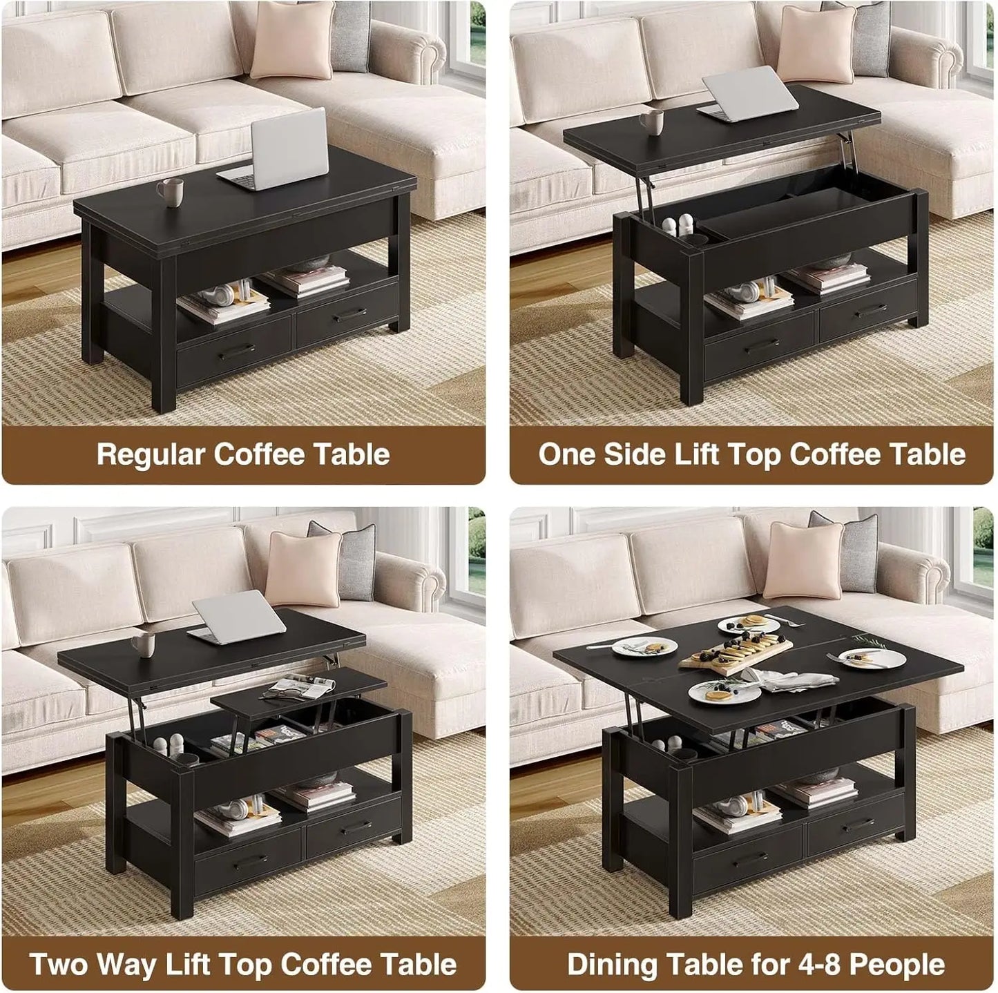 Convertible Lift-Top Coffee Table With Drawers And Hidden Storage