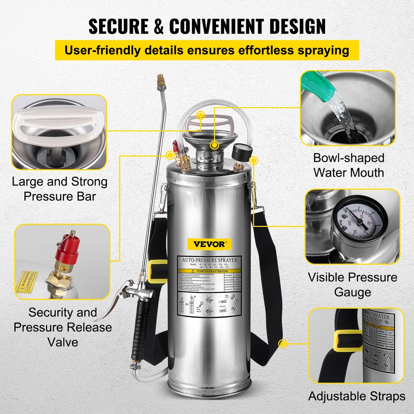 VEVOR Hand Powered Stainless Steel Sprayer For Garden And Home Cleaning