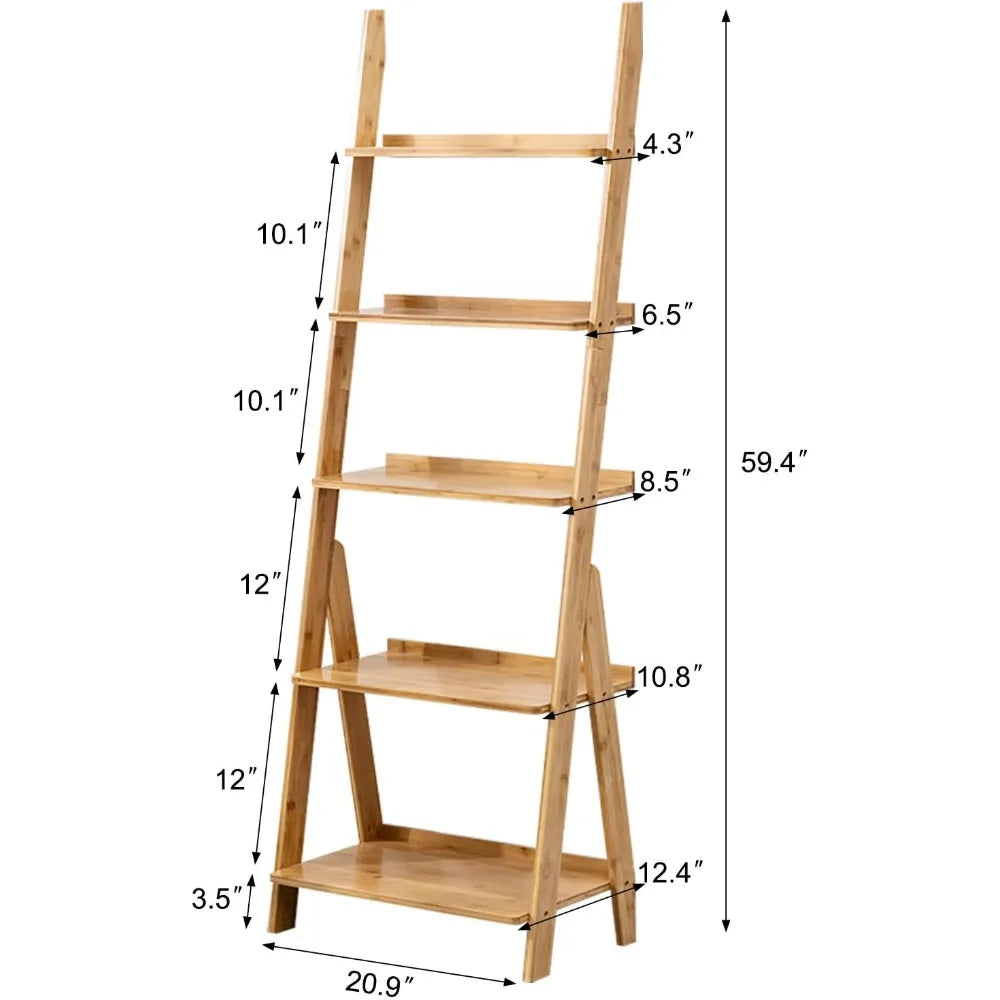 Bookshelf & 5-Tier Bamboo Ladder Shelf & 59.4” Book Shelf Bookcase Floor Freestanding Multipurpose Bamboo Storage Rack Furniture