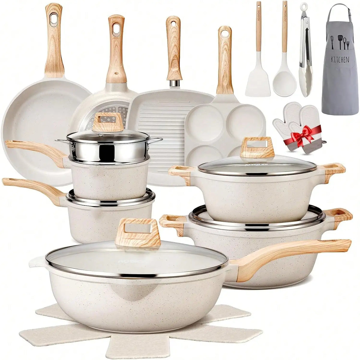 Premium Ceramic Nonstick Cookware Set With Silicone Tools And Accessories