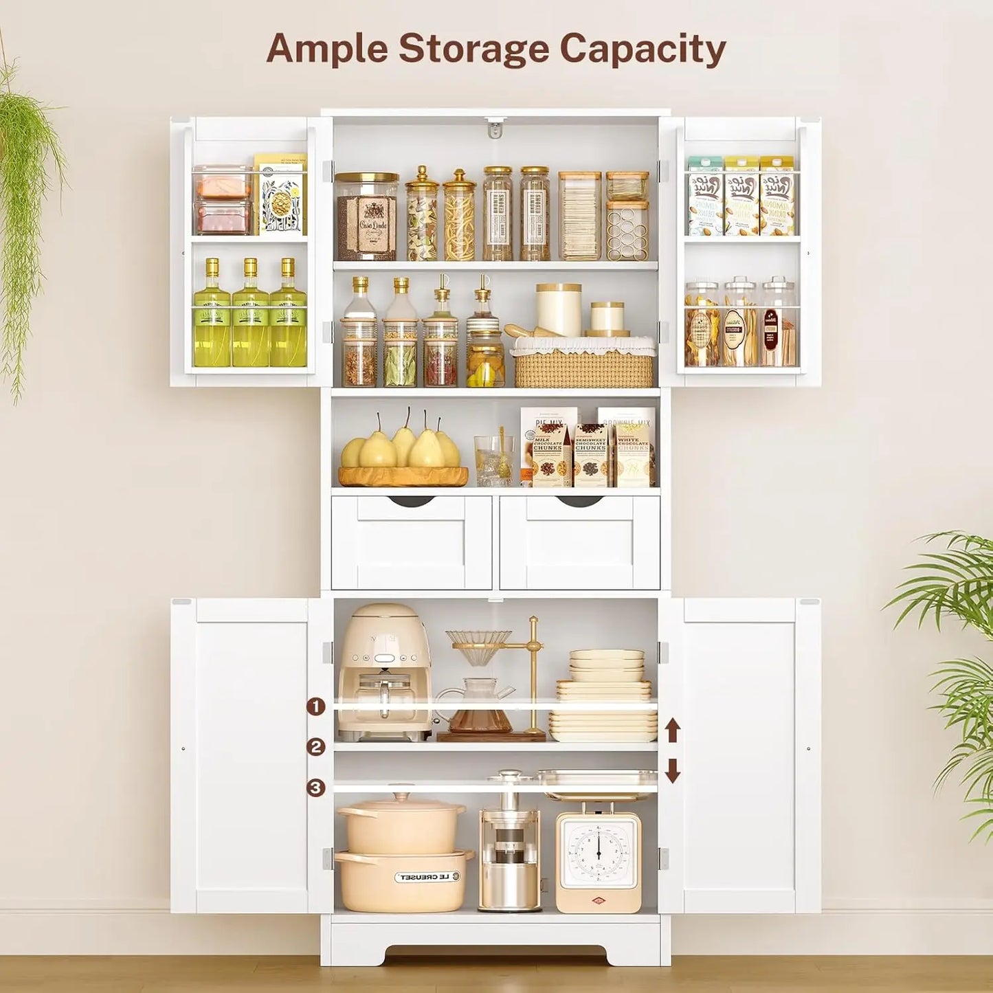 Kitchen Pantry Cabinet With Adjustable Shelves And Two Drawers