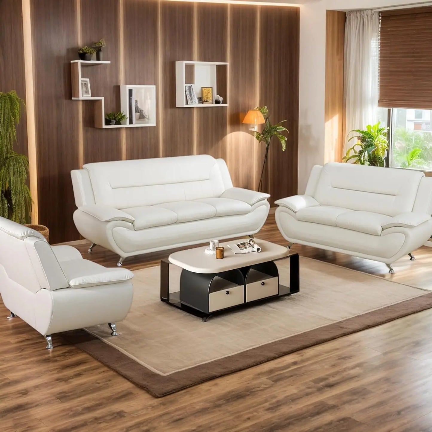Leather Living Room Sofa Set With Metal Leg Supports