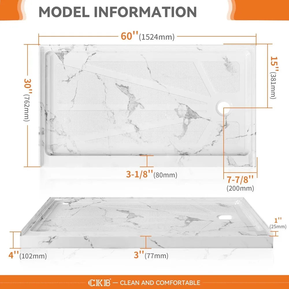 60 in L X 30" W Shower Base, Single Threshold, Right Drain with Slip Resistant Textured Surface, Shower Base