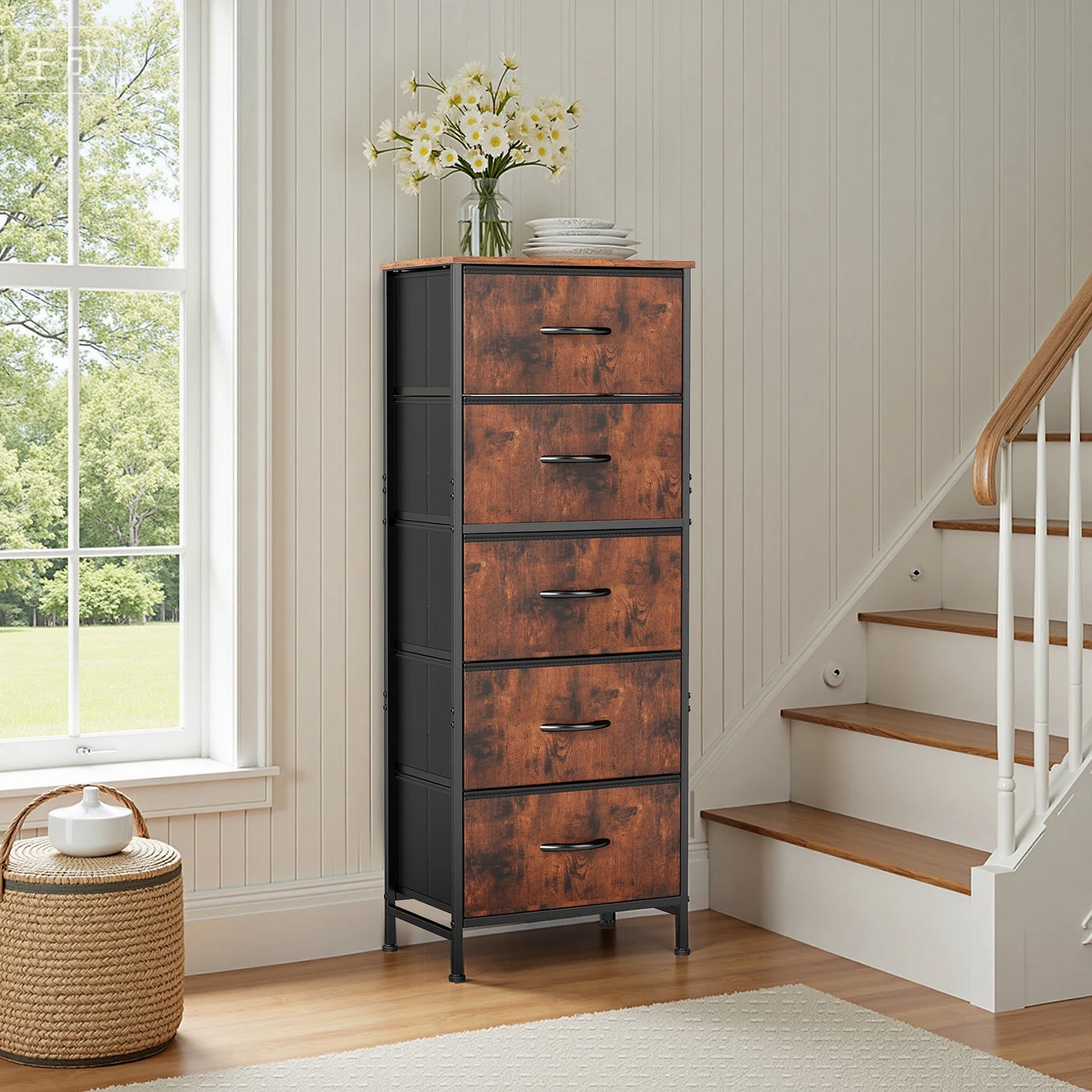 JHK Bedroom Dresser With Five Fabric Drawers Nightstand And Wardrobe