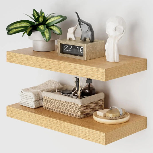 Oak Wood Floating Wall Shelves Set of 2