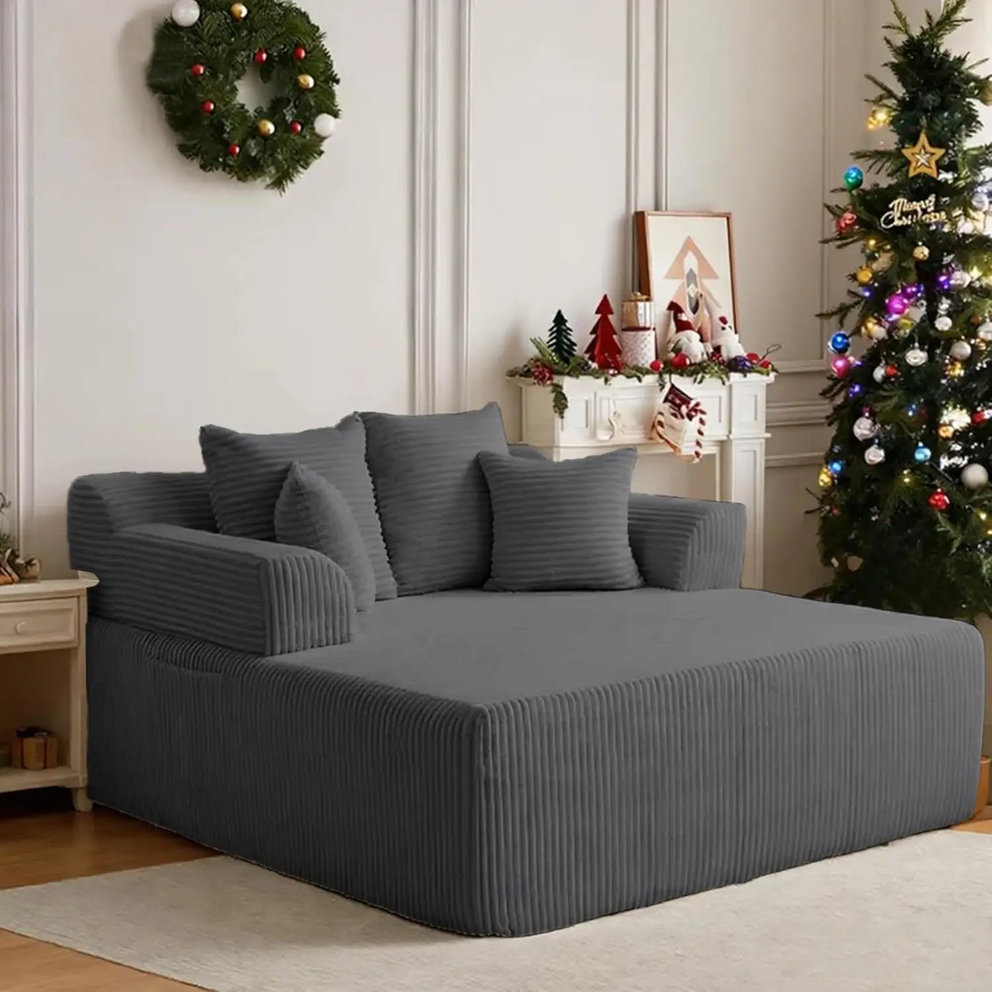 L Shaped Chaise Lounge Sofa Bed With Armrests And Pillows