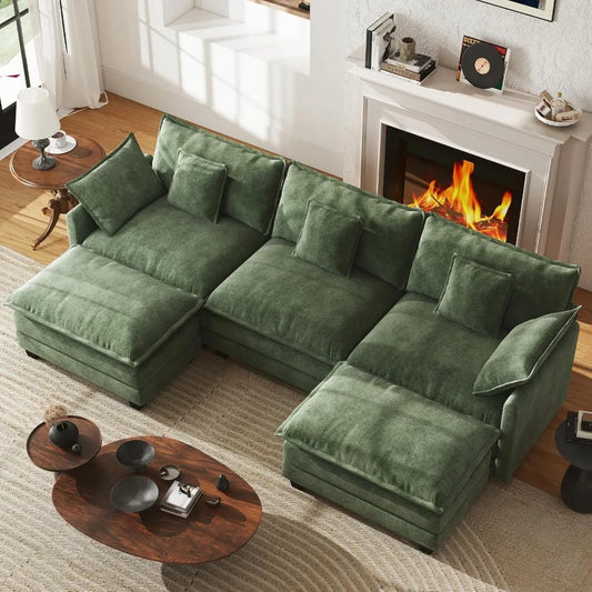 U Shape Modular Sectional Chenille Sofa With Two Movable Ottomans