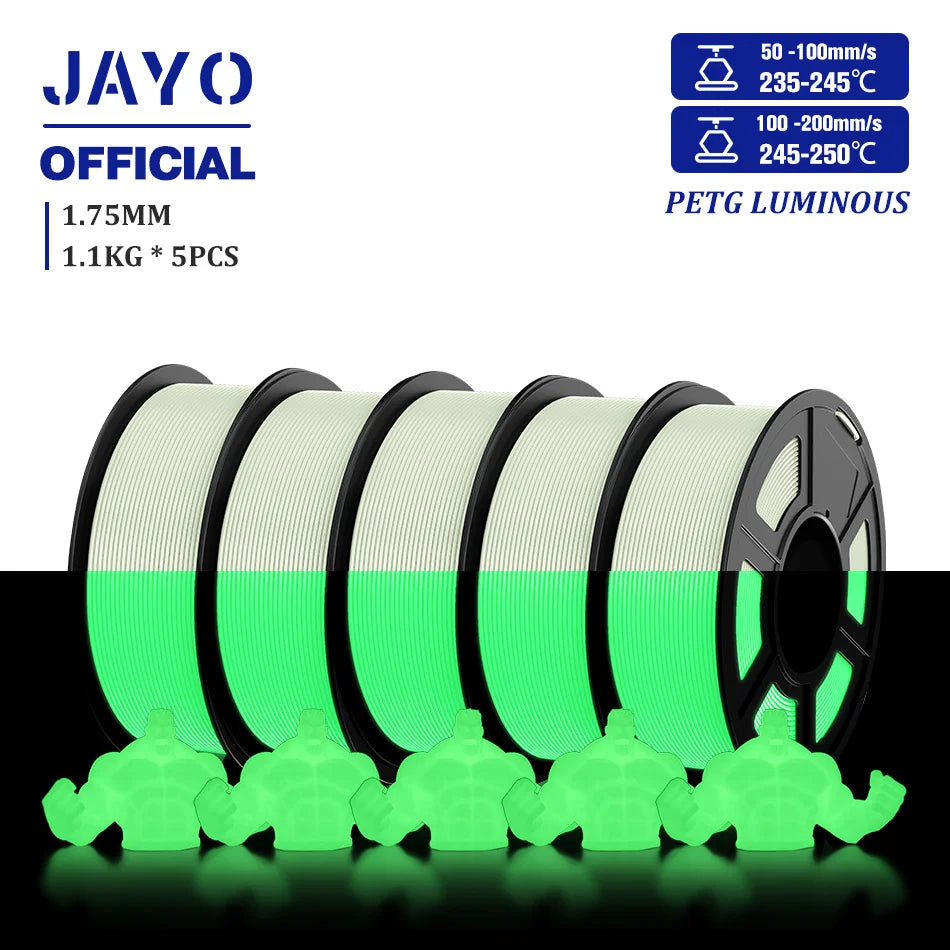 JAYO PLA Filament 1.75mm Glow in the Dark PETG 3D Printer Filament 1.1KG Neatly Wound Luminous 3D Printing Material For FDM