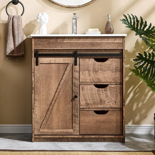 30" Farmhouse Vanity with Sink, 33.7" Tall with Sliding Barn Door, Wooden Floor Standing Cabinet w/3 Drawers & Adjustable Shelve
