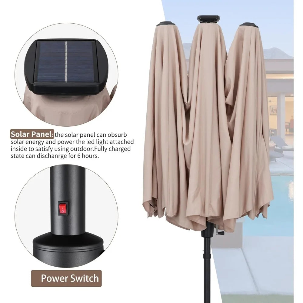 13 FT Rectangular Patio Umbrella and Matching Base with 36 Solar Powered LED Lights Ultimate Sun Protection