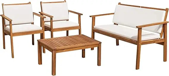 Patio Furniture 4 Piece Outdoor Acacia Wood Patio Conversation Sofa Set with Table & Cushions Porch Furniture for Deck, Balcony