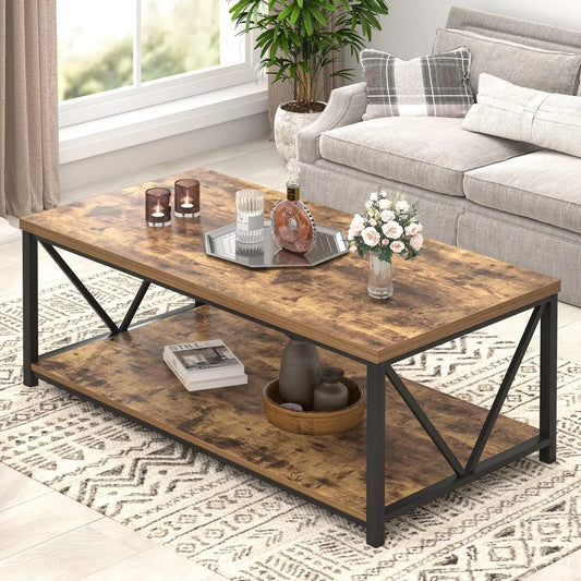 Modern Rustic Wood And Metal Coffee Table With Storage Shelf