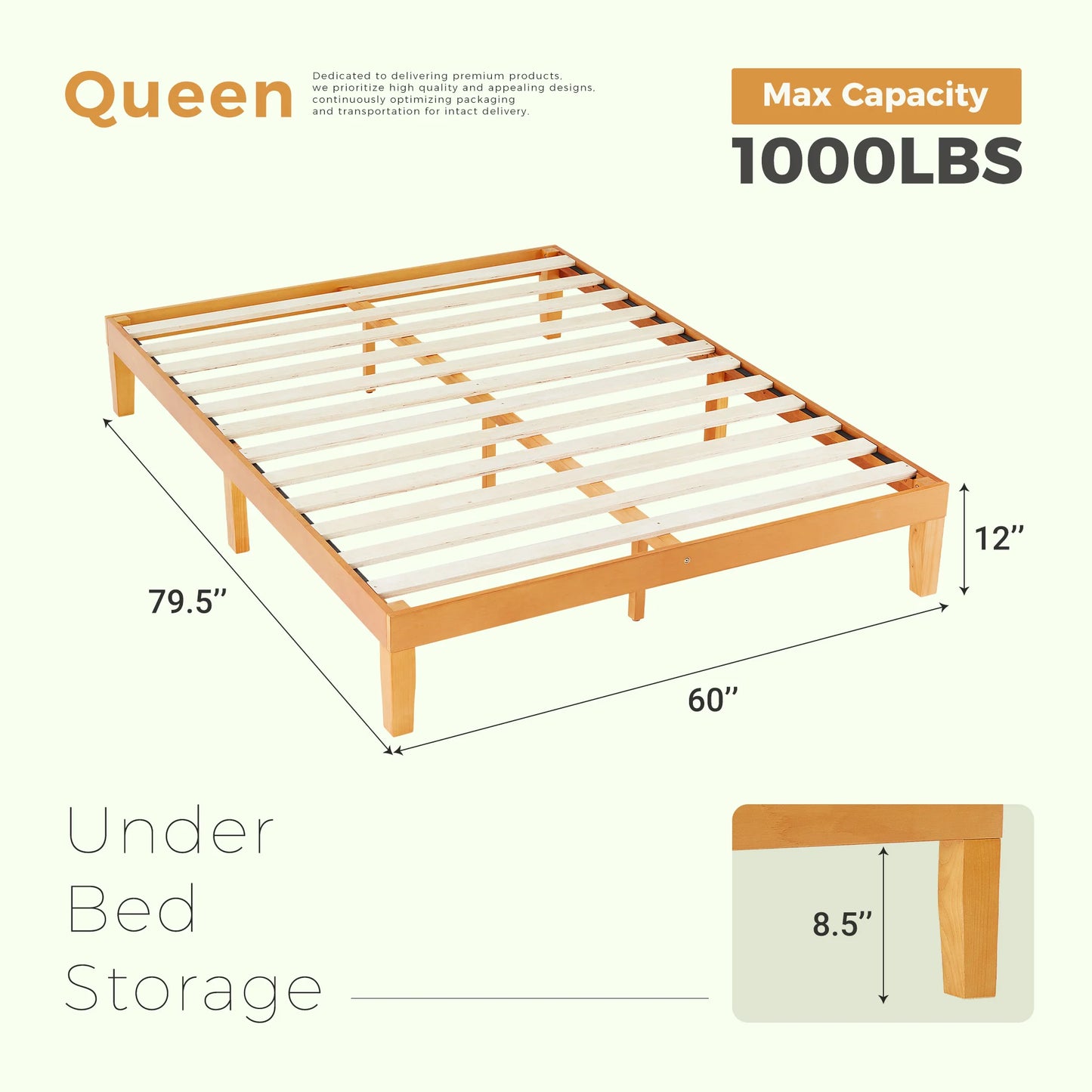 JHK Solid Wood Bed Frame With Slats And Easy Assembly