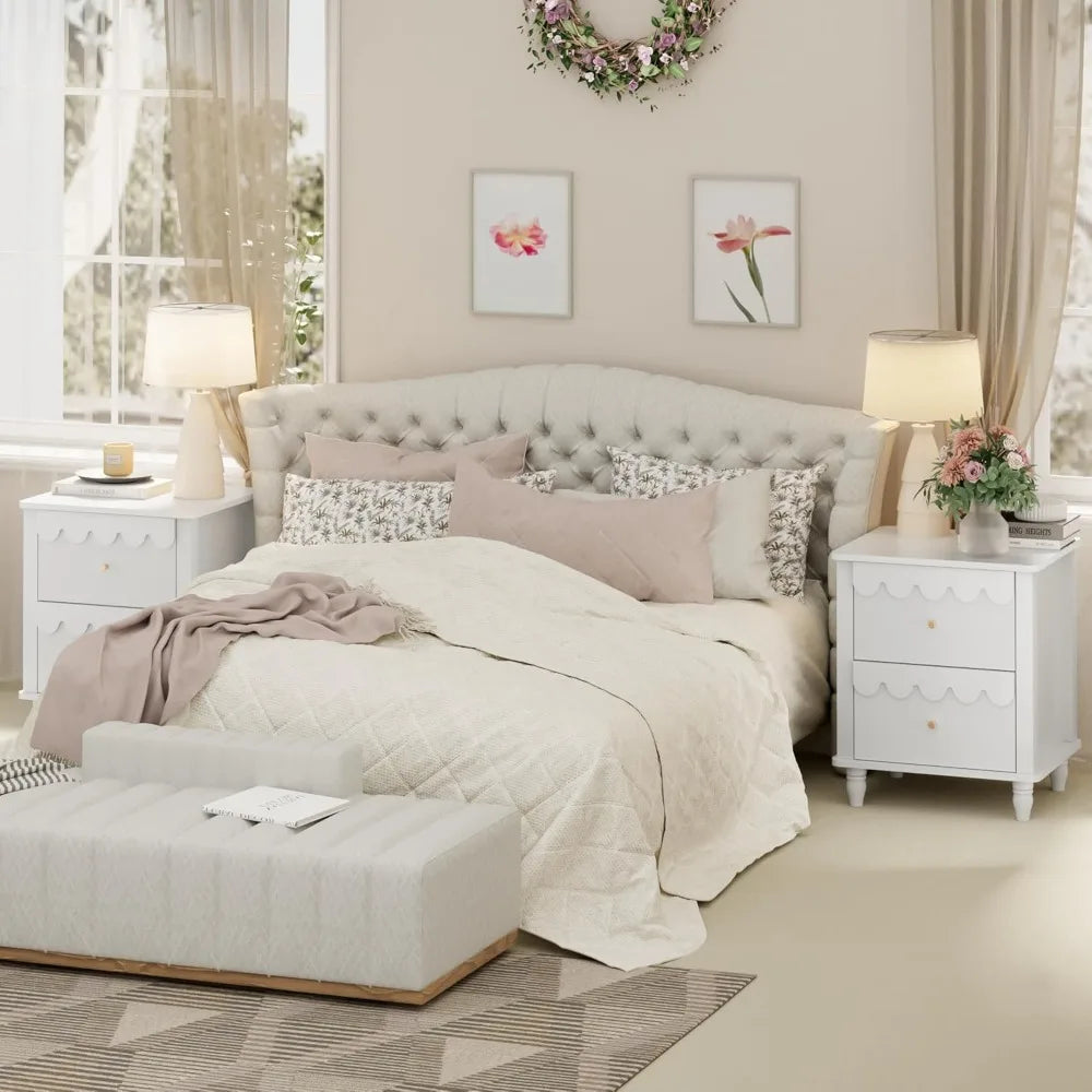 White Nightstand Set of 2 with 2 Drawers, Modern Night Stand Set 2 with Petal Pattern for Bedroom, Side End Table Scalloped Beds