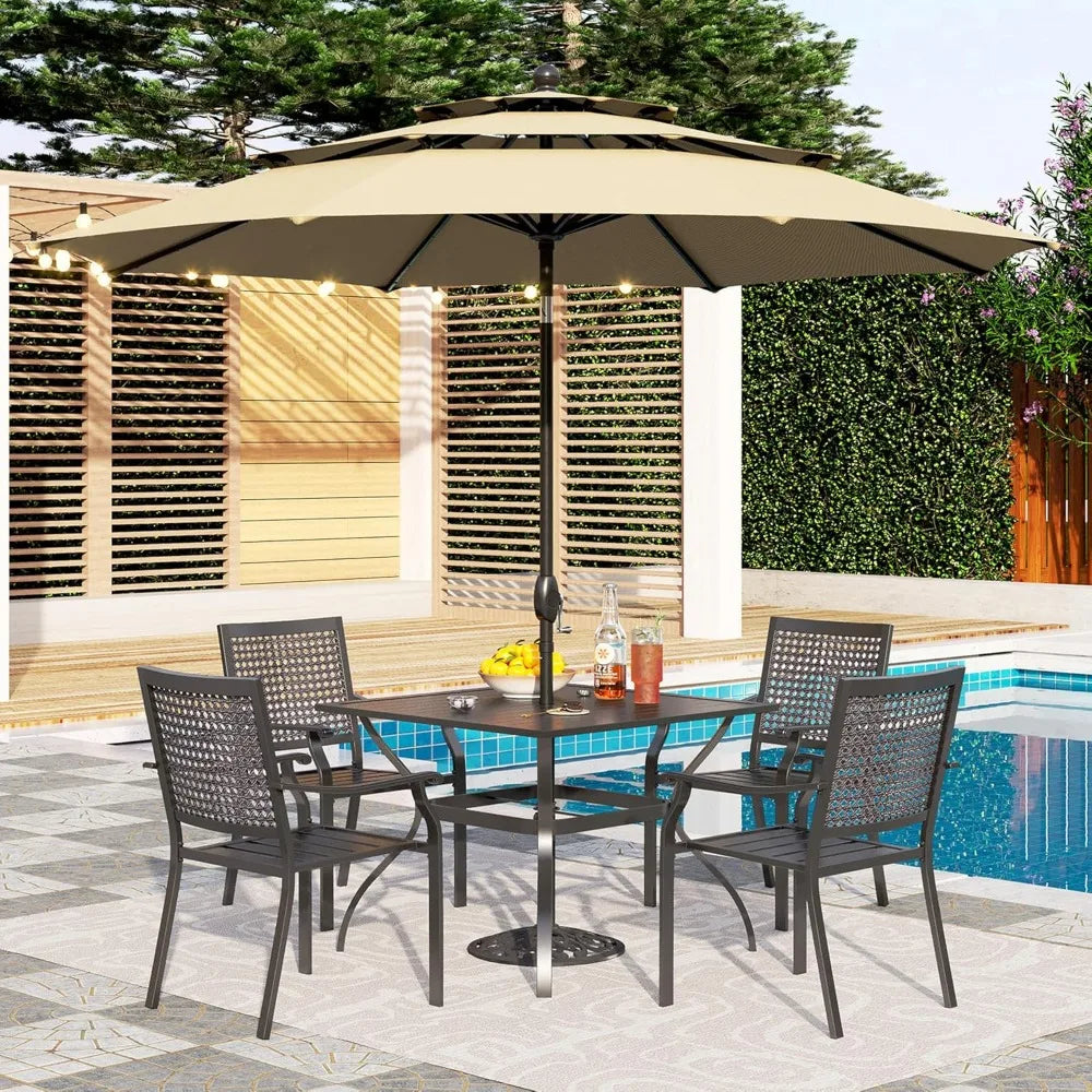 5 Piece Outdoor Dining Set For Four With Square Wrought Iron Table And Stackable Chairs Heavy Duty Patio Deck