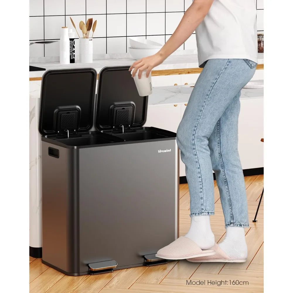 Trash Can, 2 x 10.5 Gallon (2 x 40 L) Garbage Can for Kitchen Dual Compartment Recycling Kitchen Step Trash Bin, Stainless Steel
