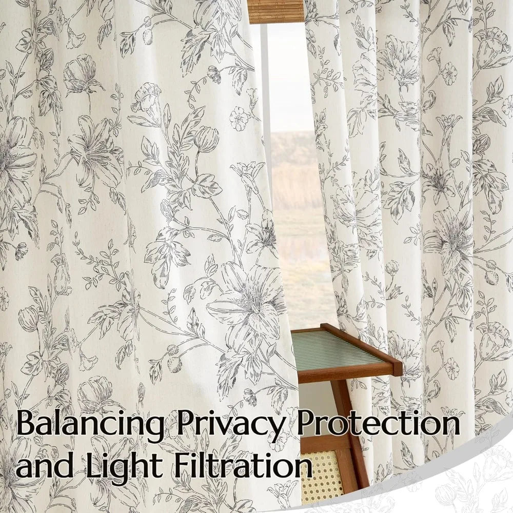 Pinch Pleated Floral Linen Curtains Farmhouse Living Room