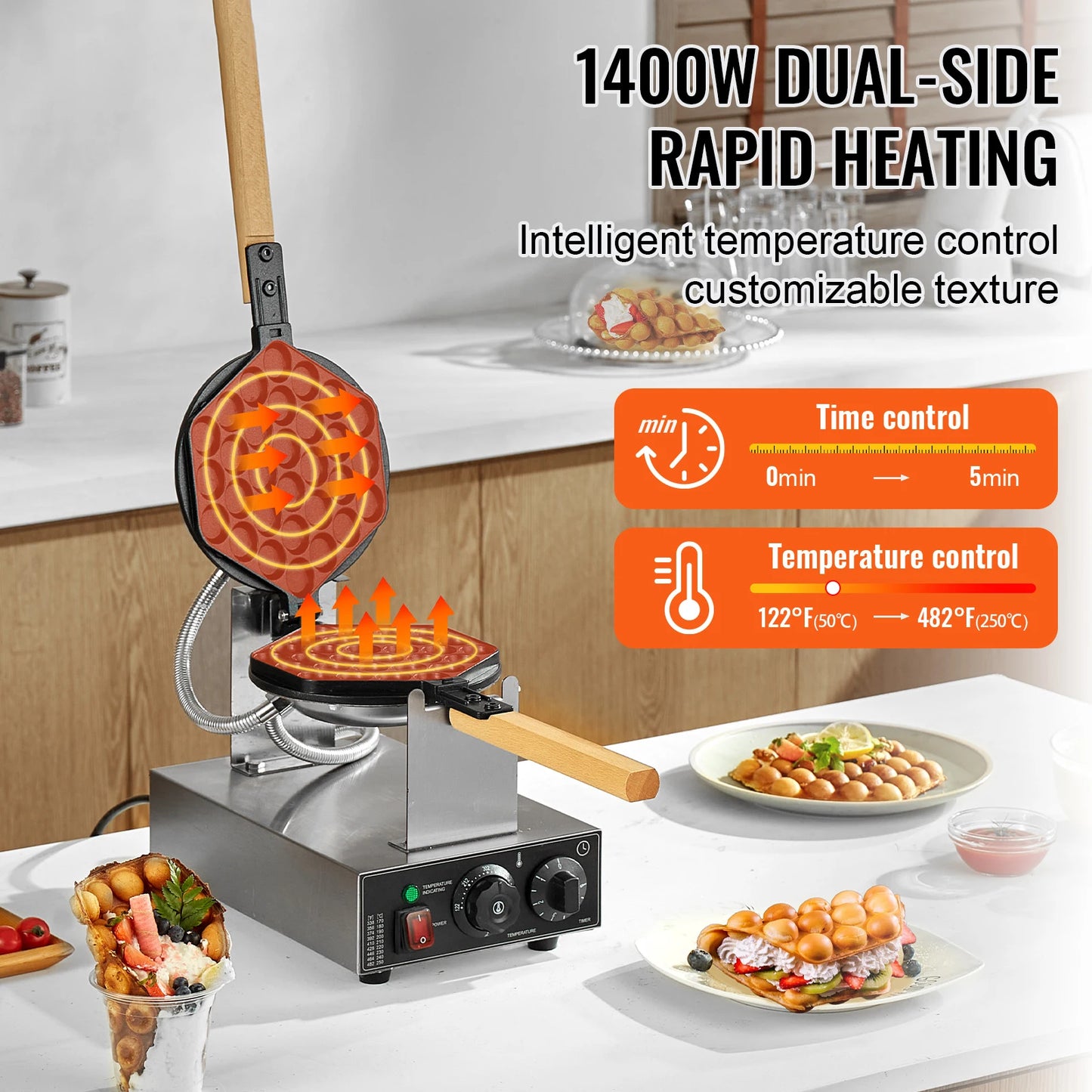 VEVOR Bubble Waffle Maker Commercial 180 Rotatable Nonstick 2 Pans