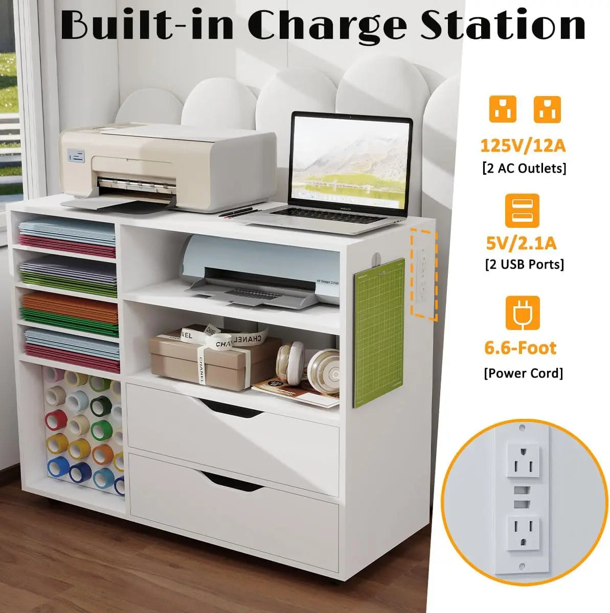 Craft Organization& Storage Cart Compatible with Cricut Machines, Rolling Craft Table Organizer with Charge Station Vinyl Roll