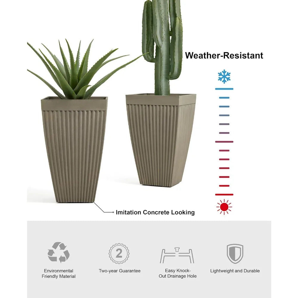 Glitzhome Set of 2 Garden Outdoor Planter Pots for Plants, 23" H Large Faux Concrete Fluted Tall Planter with Drainage Hole, Dec