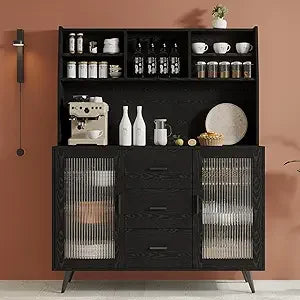 Kitchen Hutch Storage Cabinet, Modern Kitchen Pantry with Glass Doors and 3 Drawers, Freestanding Cupboard Sideboard Buffet Cab