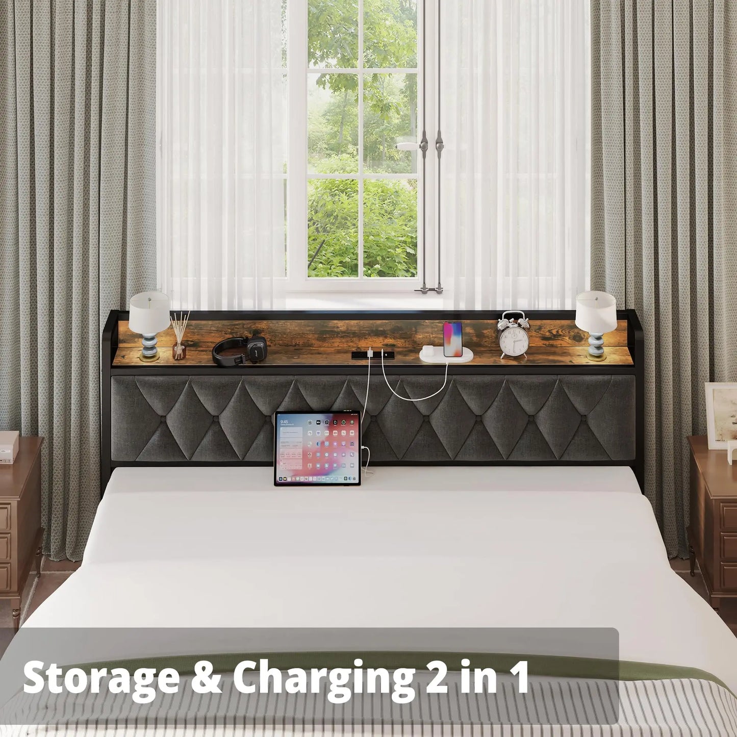 NONECN Bed Frames With Storage Headboard And Outlets