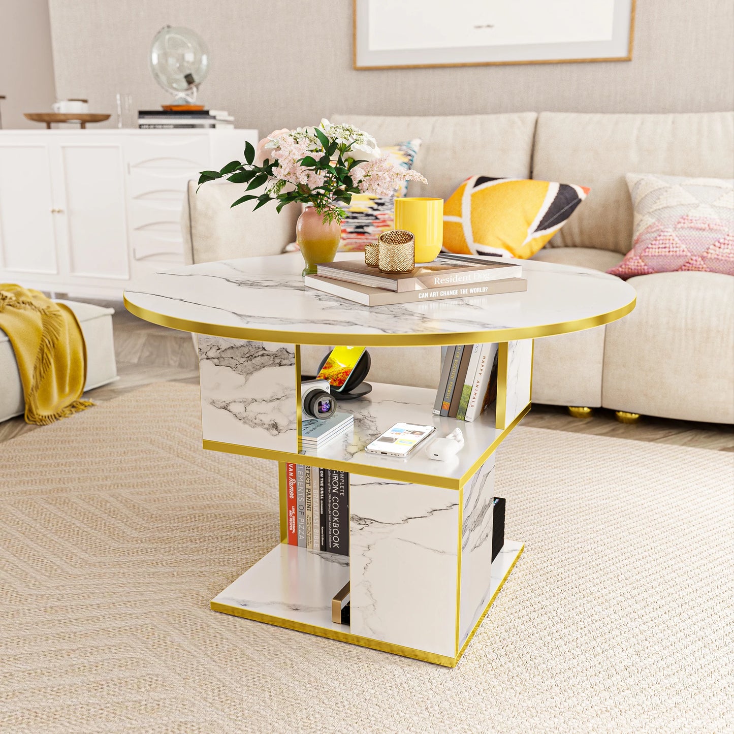 MERRONIX 3-Tier Round Coffee Table With Storage