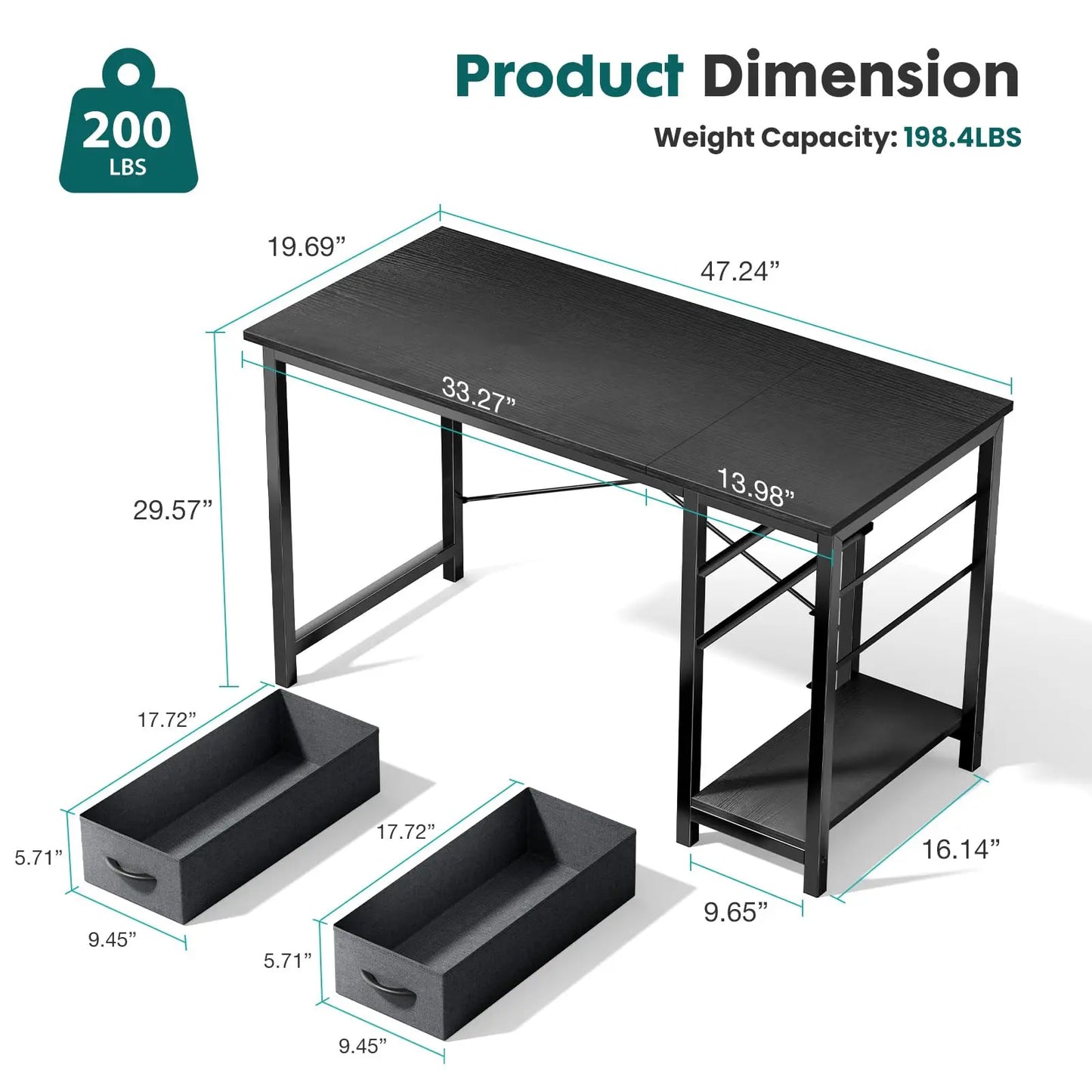 JHK 47 Inch Computer Desk With 2 Drawers For Study Office Gaming Wood Table Modern Work Desk