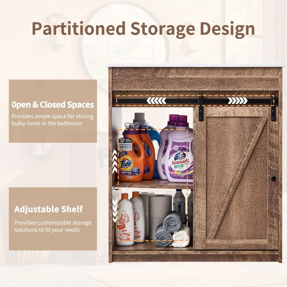 30" Farmhouse Vanity with Sink, 33.7" Tall with Sliding Barn Door, Wooden Floor Standing Cabinet w/3 Drawers & Adjustable Shelve