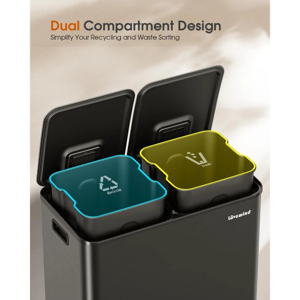 Trash Can, 2 x 10.5 Gallon (2 x 40 L) Garbage Can for Kitchen Dual Compartment Recycling Kitchen Step Trash Bin, Stainless Steel