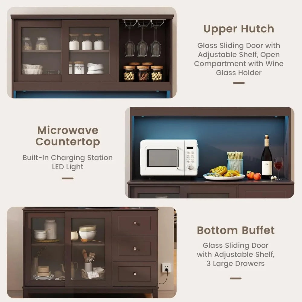 73” Kitchen Pantry Storage Cabinet, Buffet Hutch w/Power Outlets & Led Lights, Tall Cupboard w/Wine Glass Racks, Adjustable Shel