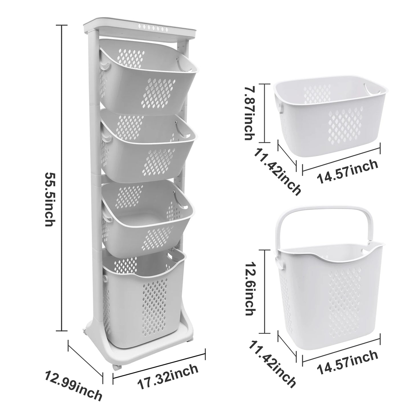 2 Or 4 Tier Laundry Cart With Removable Storage Buckets And Four Wheels White Plastic Hamper