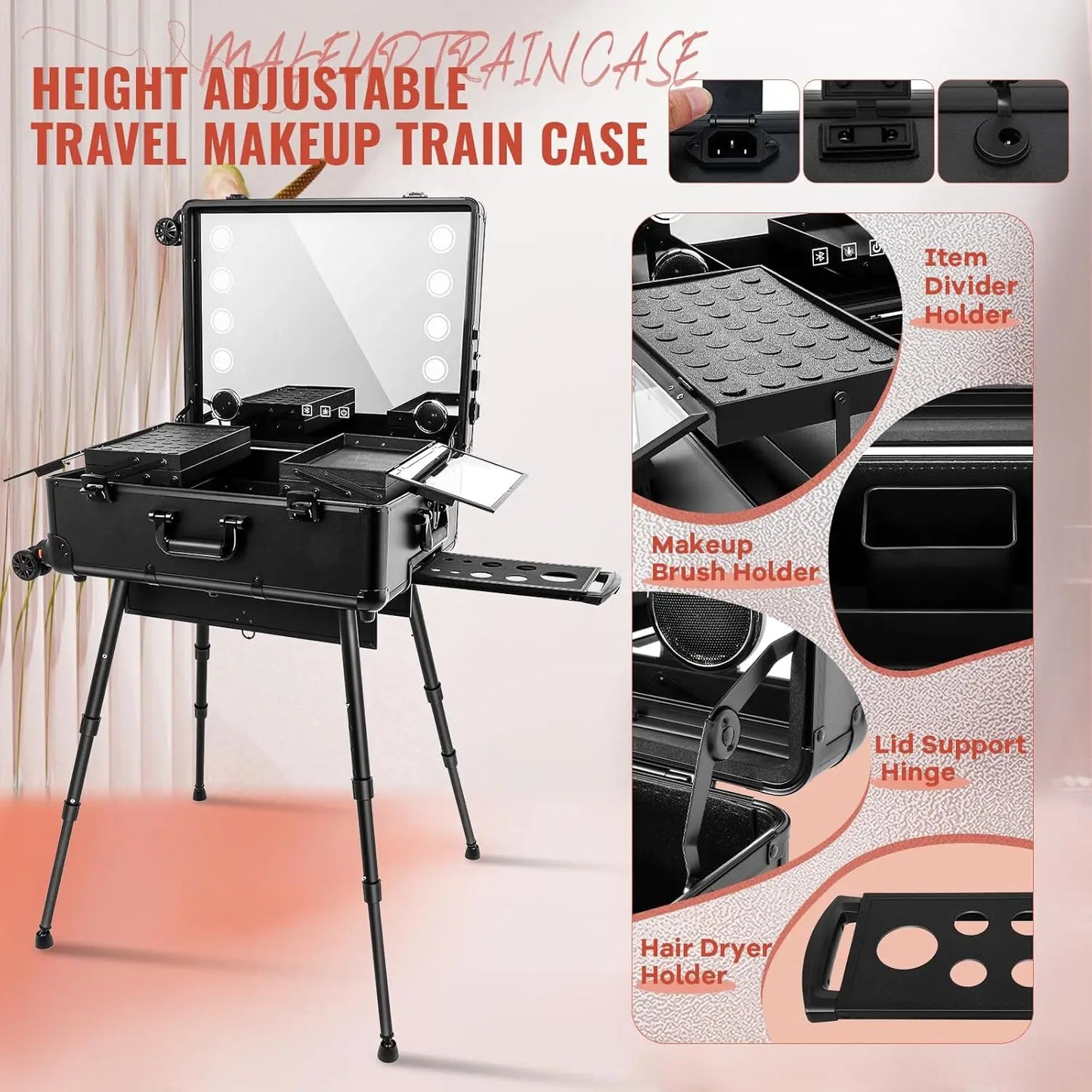 XMSJH Aluminum Trolley Makeup Case With LED Lights Studio