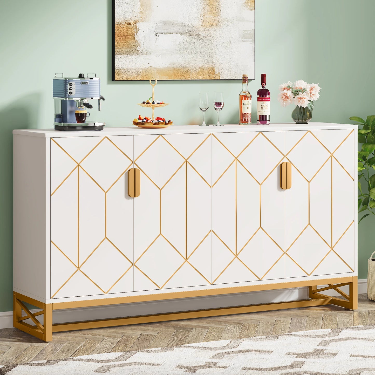 Tribesigns 59" White Gold Buffet Cabinet with Storage Kitchen Sideboard Storage Cabinet
